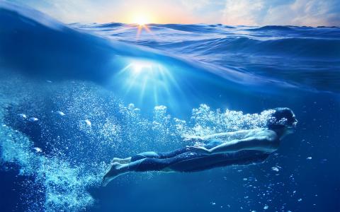 海，太阳，人，水，在水之下，美丽，puzirki