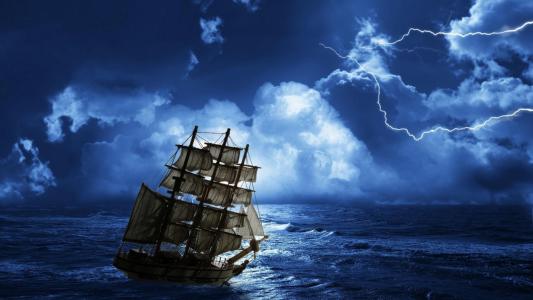 海，夜，船，帆船，风暴，晚上