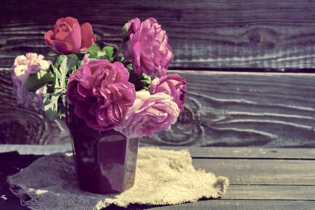 鲜花，玫瑰，木板，布料，麻布