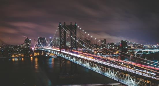 纽约，美国，城市，桥梁，晚上，灯