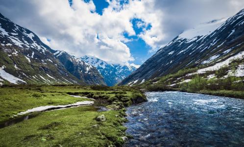 河，自然，挪威，挪威，山，石头，美丽，天空，云