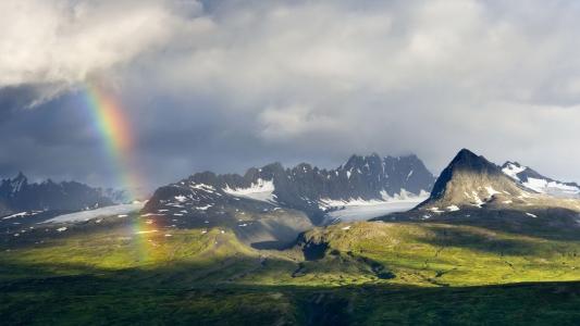 山脉，彩虹，阳光