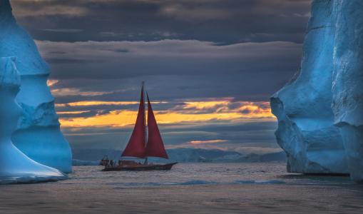 船，格陵兰岛，帆，冰