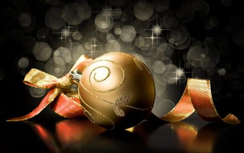 丝带，弓，球，圣诞节，黄金，圣诞树玩具