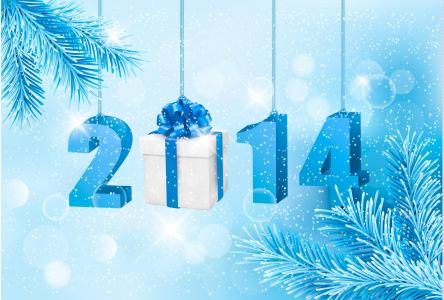 新年，圣诞节，雪，2014年，松，背景，蓝色，雪花