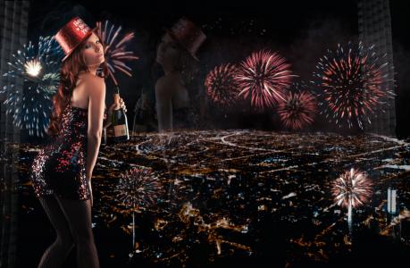 Tancy玛丽，新年，烟花，夜晚的城市，全景，反射，瓶，香槟