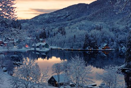 日落，房屋，冬季，雪，湖，芬兰，景观，性质