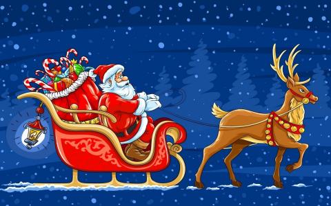 新年，圣诞老人，雪橇，礼物，鹿，雪