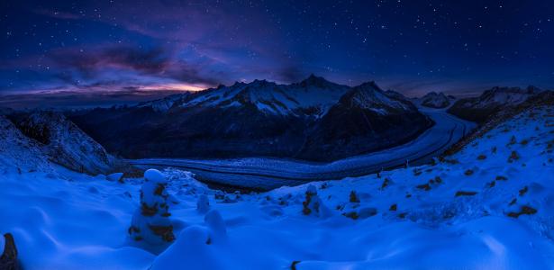 阿莱奇冰川，瑞士，山，日落，风景，冬天