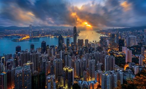 城市，香港，建筑物，摩天大楼，灯，河，天空，壮观，强大，美丽