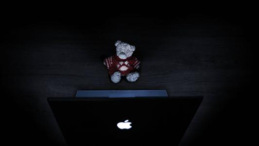 笔记本电脑，熊，玩具，黑暗的背景，创意