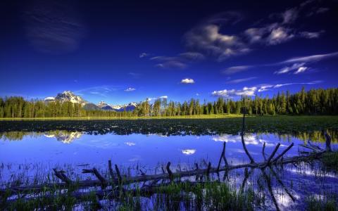湖，山，树，森林，水，天空，蓝色，美丽