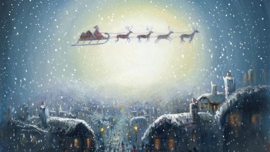 圣诞节，窗口，雪，圣诞前夕，灯，圣诞老人，线束，城市，图片，鹿，快点，房子，礼物，假日，雪橇