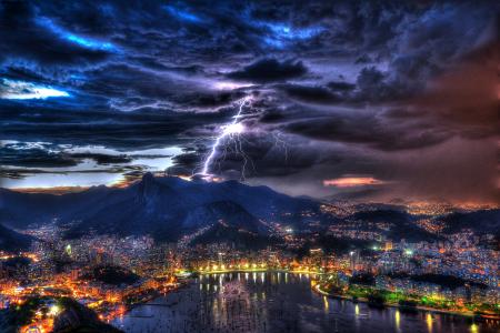 里约热内卢，巴西，风景，晚上，天空，云，雷暴，闪电，海港，海湾，灯光，雷暴，船，房子