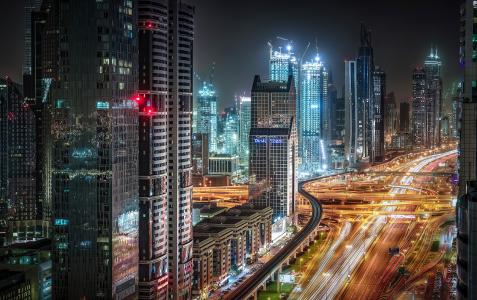 城市，迪拜，阿联酋，夜，摩天大楼，街道，灯