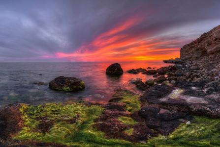 海，岩石，天空，日落，由Korochkin安德烈