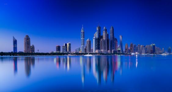 迪拜，天空，房屋，海，反射，晚上，灯，景观