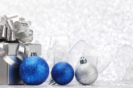 球，蓝色，框，礼物，色带，假期，新年，圣诞节，新年，圣诞节，冬天