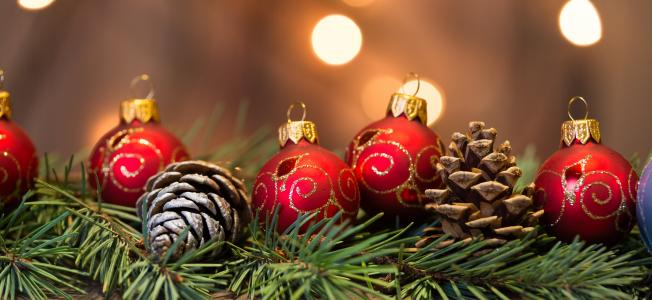 假期，新的一年，圣诞节，分支机构，云杉，毛皮树，针，玩具，球，视锥细胞，散景