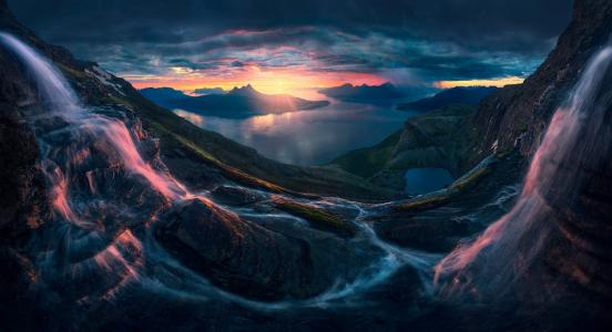 自然，挪威，山，瀑布，峡湾，挪威，云，太阳