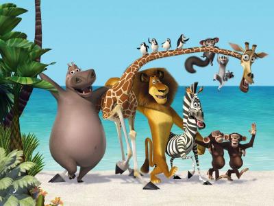 马达加斯加，卡通，马达加斯加，斑马，长颈鹿，河马，狮子，猴子，企鹅，海，棕榈树