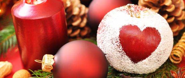 假期，心，新的一年，圣诞节，蜡烛，苹果，粉，针，球