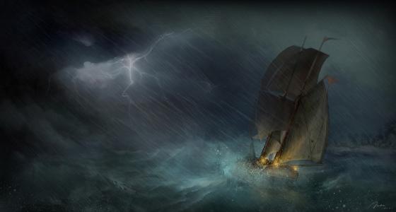 图片，海，海洋，风暴，元素，帆船，船，灯，闪电，波，土地