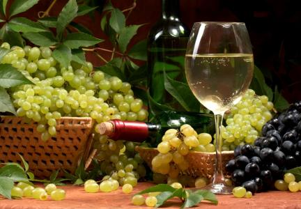葡萄酒，瓶，篮子，玻璃，叶子，白色，葡萄