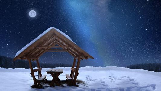 冬天，月亮，凉亭，雪，星星