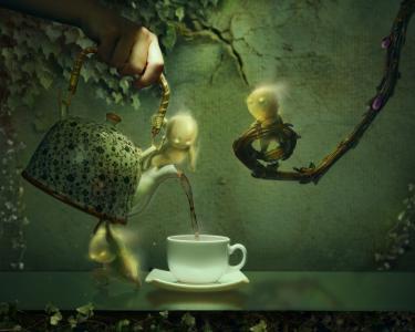 树枝，小的人，树叶，常春藤，茶党，手，杯，茶壶，图形，3D