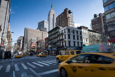 纽约，纽约，纽约，纽约，美国，美国，曼哈顿，曼哈顿，城市，道路，街道，出租车，视图，摩天大楼，建筑物，高层建筑，房屋
