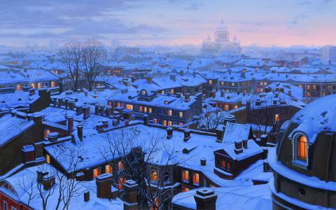 房屋，屋顶，圣彼得堡，圣彼得堡屋顶，叶夫根尼lushpin，雪，冬天，晚上