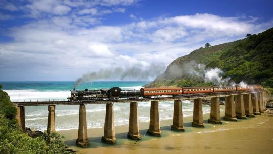 火车，复古，组成，蒸汽机车，铁路，路，桥，山，海滩，天空