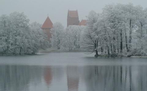 雪，堡垒，冬天，树，湖