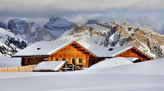 冬天，山，雪，房子，美丽