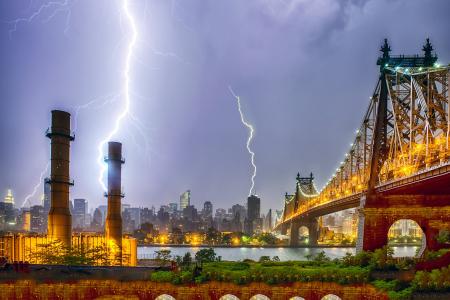 纽约，城市，闪电，晚上，桥梁，摩天大楼，管道
