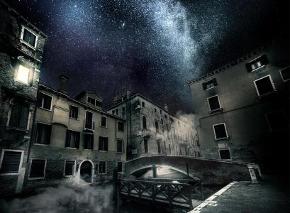 房屋，桥梁，雾，天空，星星，晚上，威尼斯图案，亚历山大·米哈伊连科
