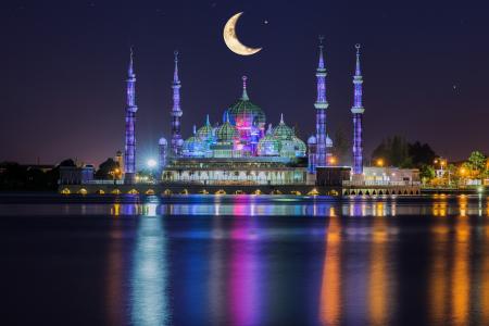 水晶清真寺，马来西亚城市，马来西亚瓜拉丁那那，水晶清真寺，夜，月，月，灯