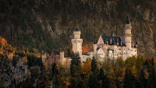 德国，巴伐利亚西南部，新天鹅堡，岩石，森林，秋天，十一月