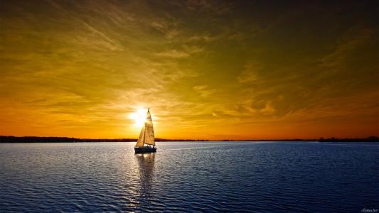 海，游艇，日落，天空