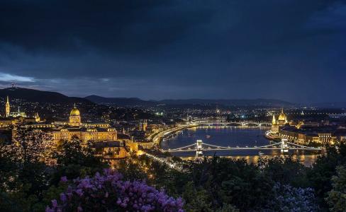 城市，布达佩斯，匈牙利，河，晚上，灯，桥，全景