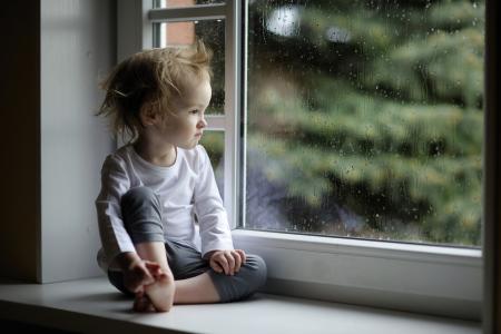 孩子，女孩，雨，滴，窗口，玻璃，窗台
