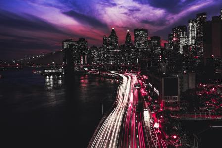 曼哈顿，夜晚，城市，摩天大楼，灯光