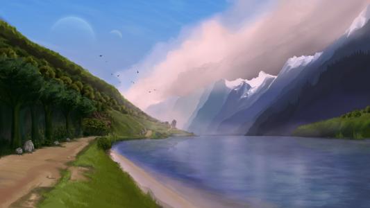 绘画，艺术，绘画，自然，山，森林，河，路，鸟，天空