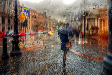 城市，雨，女孩，伞，元素