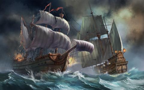 波浪，艺术，帆船，船舶，战斗，战斗，海，风暴