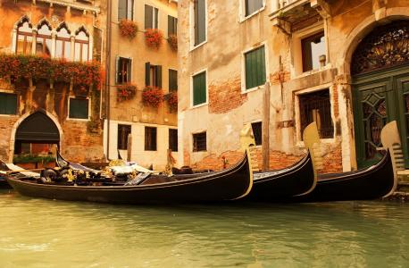 房子，鲜花，意大利，水，窗户，吊船，威尼斯