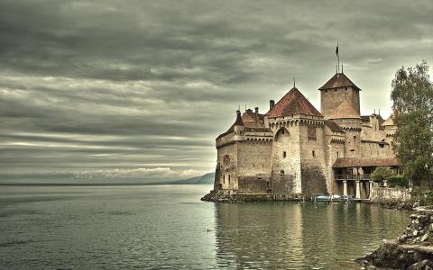 古代，城堡，在湖上