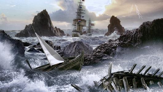 海，风暴，船舶，沉船，3d图形