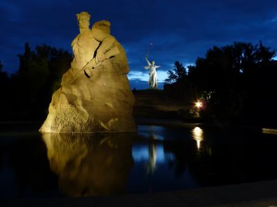 纪念碑，晚上，伏尔加格勒，Mamayev，土墩，胜利日，5月9日
